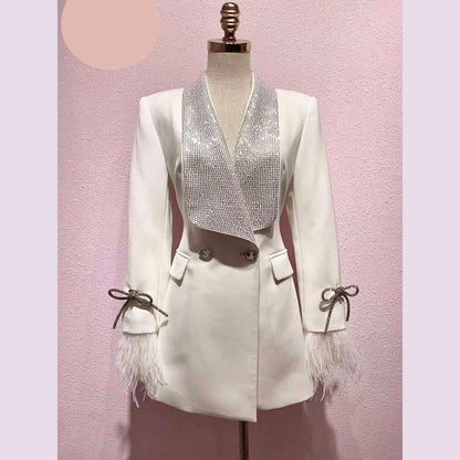 DEAT Fashion Women's Jackt Slim Rhinestone Lapel Double Breasted Feather Sleeve Waist Solid Color Blazer Summer 2023 New 17A8207