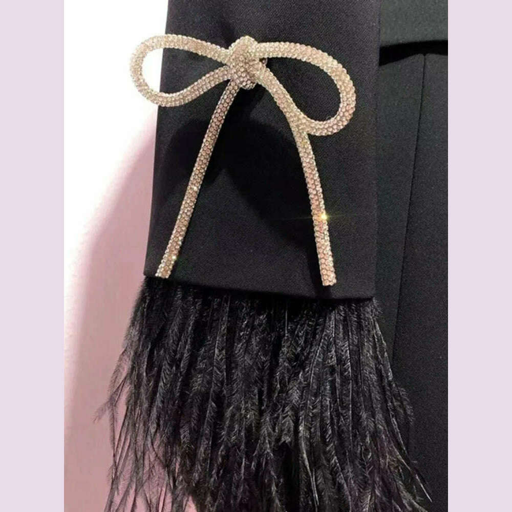 DEAT Fashion Women's Jackt Slim Rhinestone Lapel Double Breasted Feather Sleeve Waist Solid Color Blazer Summer 2023 New 17A8207