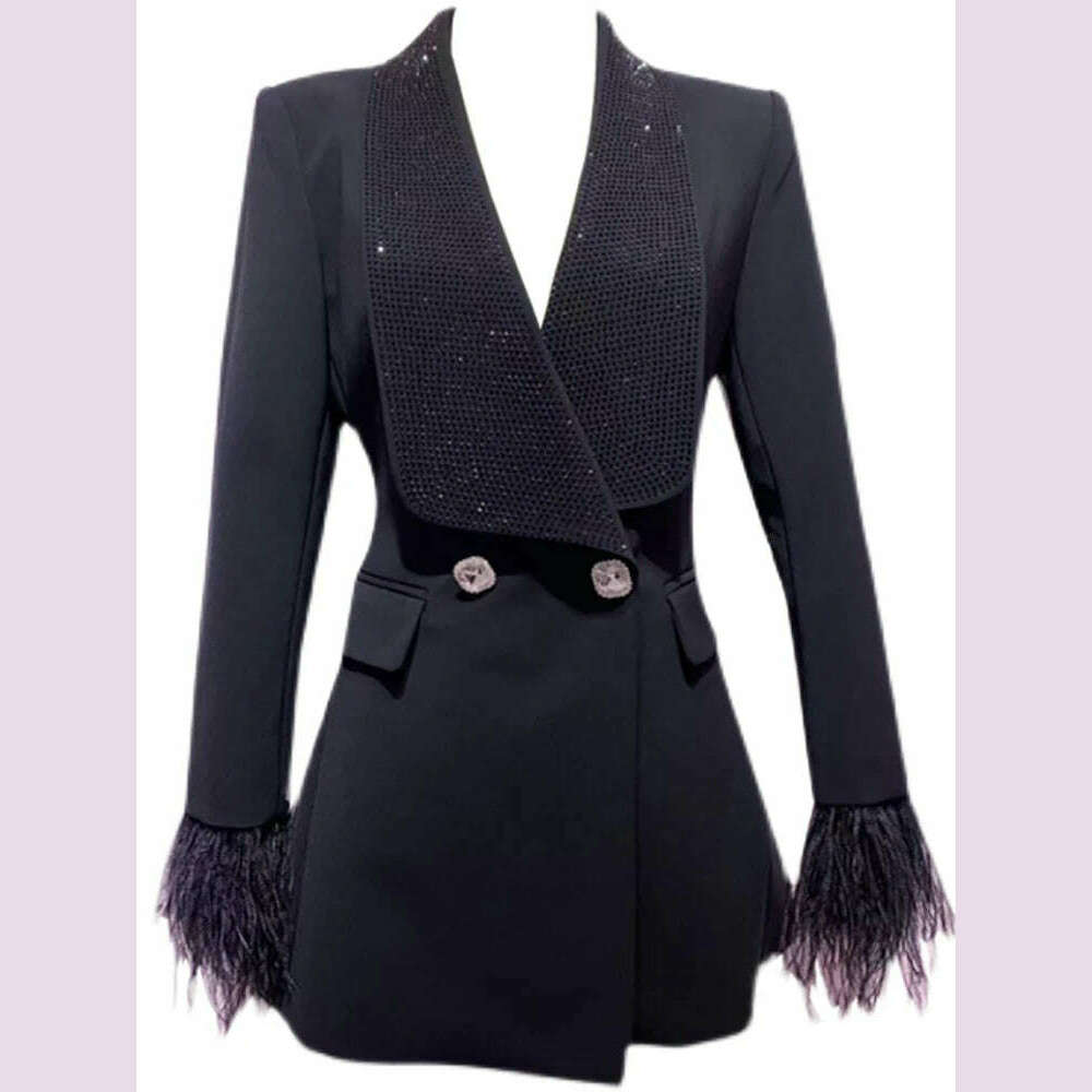 DEAT Fashion Women's Jackt Slim Rhinestone Lapel Double Breasted Feather Sleeve Waist Solid Color Blazer Summer 2023 New 17A8207