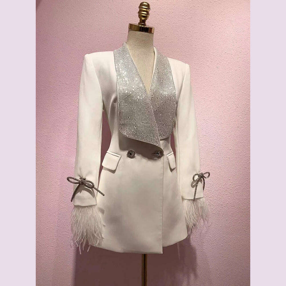 DEAT Fashion Women's Jackt Slim Rhinestone Lapel Double Breasted Feather Sleeve Waist Solid Color Blazer Summer 2023 New 17A8207