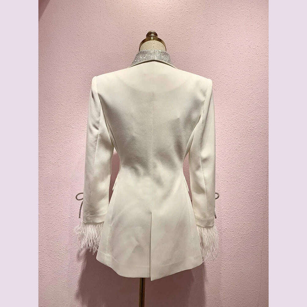 DEAT Fashion Women's Jackt Slim Rhinestone Lapel Double Breasted Feather Sleeve Waist Solid Color Blazer Summer 2023 New 17A8207
