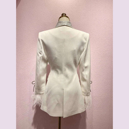 DEAT Fashion Women's Jackt Slim Rhinestone Lapel Double Breasted Feather Sleeve Waist Solid Color Blazer Summer 2023 New 17A8207