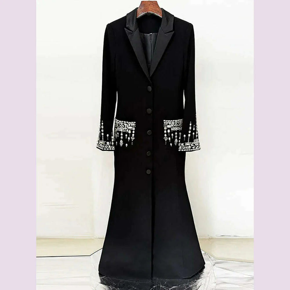 DEAT Women's Fashion Evening Dress Notched Collar Single Breasted Diamond Setting Waist Elegant Party Dresses Summer 2024 New
