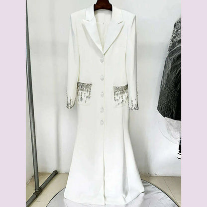 DEAT Women's Fashion Evening Dress Notched Collar Single Breasted Diamond Setting Waist Elegant Party Dresses Summer 2024 New