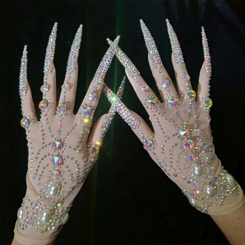 Deluxe AB Diamond Pearl Long Nails Diamond Shiny Short Gloves