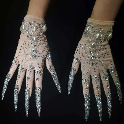 Deluxe AB Diamond Pearl Long Nails Diamond Shiny Short Gloves