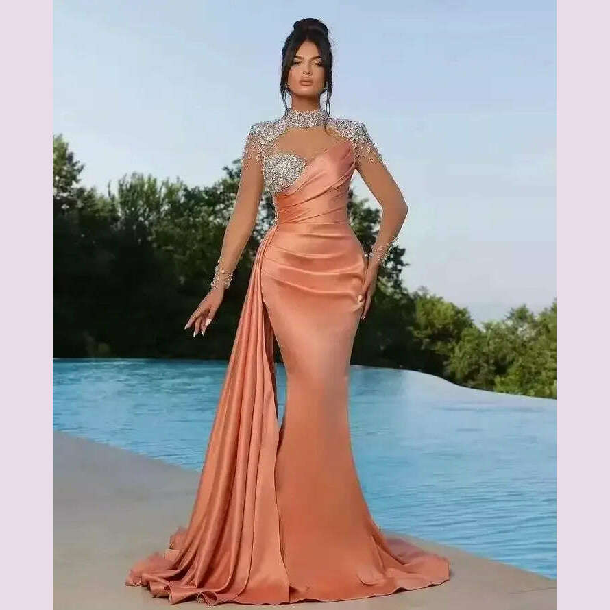 Dubai Sexy Mermaid Beading Evening Dresses High Neck Saudi Arabia Women Long Sleeve Customized Prom Gowns