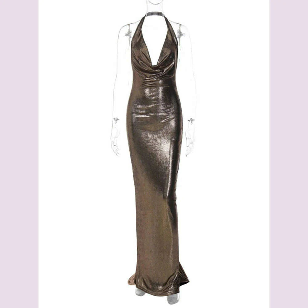 Dulzura Bling Glitter Women Halter Maxi Dress V Neck Backless Long Dress Party Evening Birthday Clothes Elegant Prom Outfit