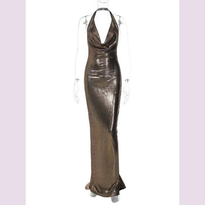 Dulzura Bling Glitter Women Halter Maxi Dress V Neck Backless Long Dress Party Evening Birthday Clothes Elegant Prom Outfit