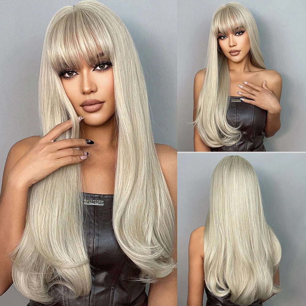 EASIHAIR Long Silver with Blonde Highlight Synthetic Wigs for Women Straight with Bangs Natural Wigs Cosplay Hair Heat Resistant