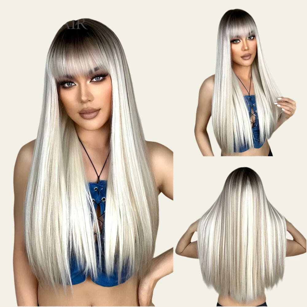 EASIHAIR Long Silver with Blonde Highlight Synthetic Wigs for Women Straight with Bangs Natural Wigs Cosplay Hair Heat Resistant