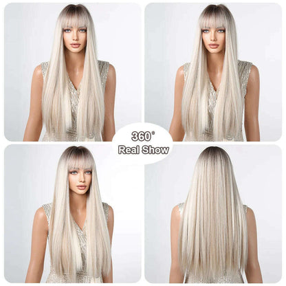EASIHAIR Long Silver with Blonde Highlight Synthetic Wigs for Women Straight with Bangs Natural Wigs Cosplay Hair Heat Resistant