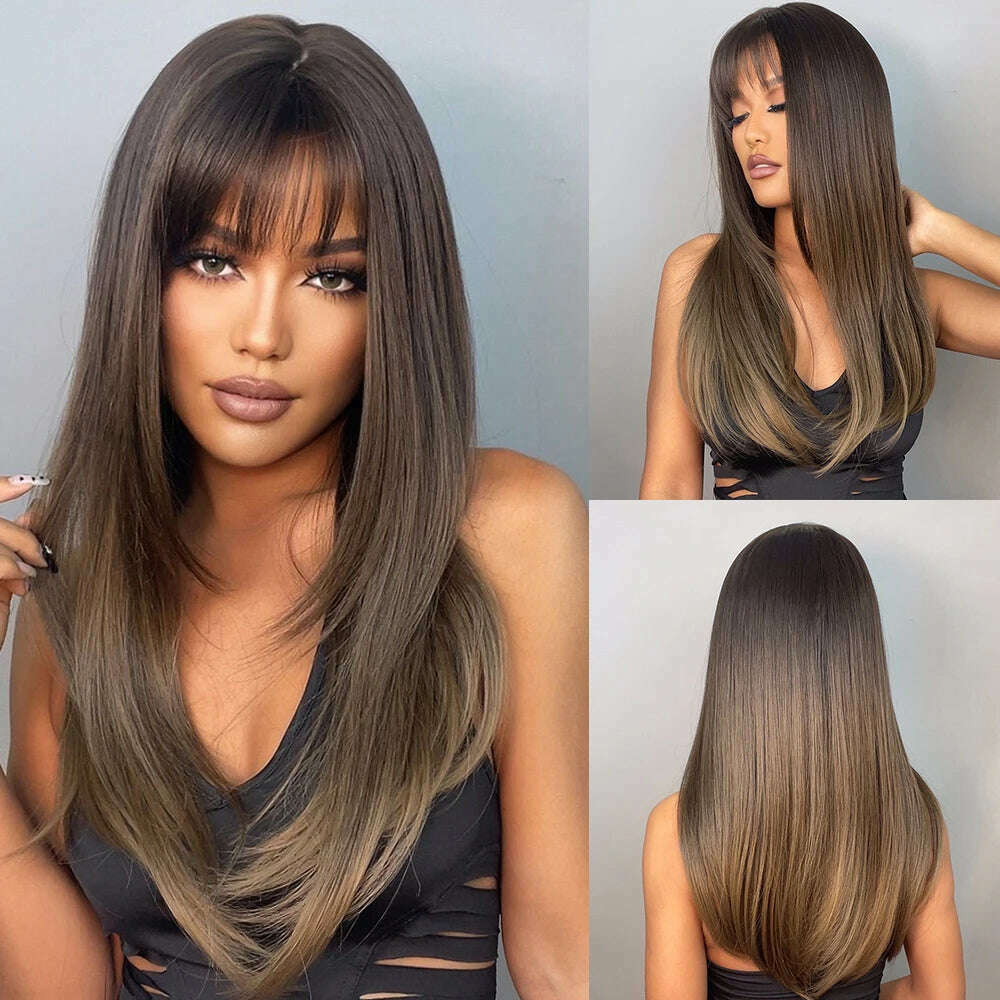 EASIHAIR Long Silver with Blonde Highlight Synthetic Wigs for Women Straight with Bangs Natural Wigs Cosplay Hair Heat Resistant