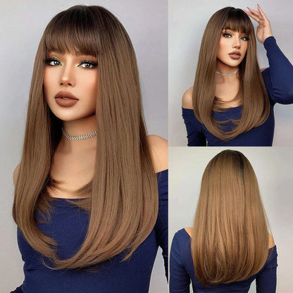 EASIHAIR Long Silver with Blonde Highlight Synthetic Wigs for Women Straight with Bangs Natural Wigs Cosplay Hair Heat Resistant