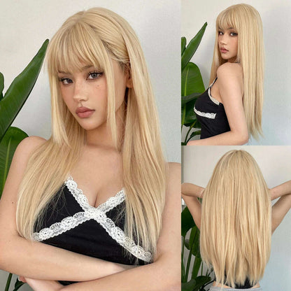 EASIHAIR Long Silver with Blonde Highlight Synthetic Wigs for Women Straight with Bangs Natural Wigs Cosplay Hair Heat Resistant