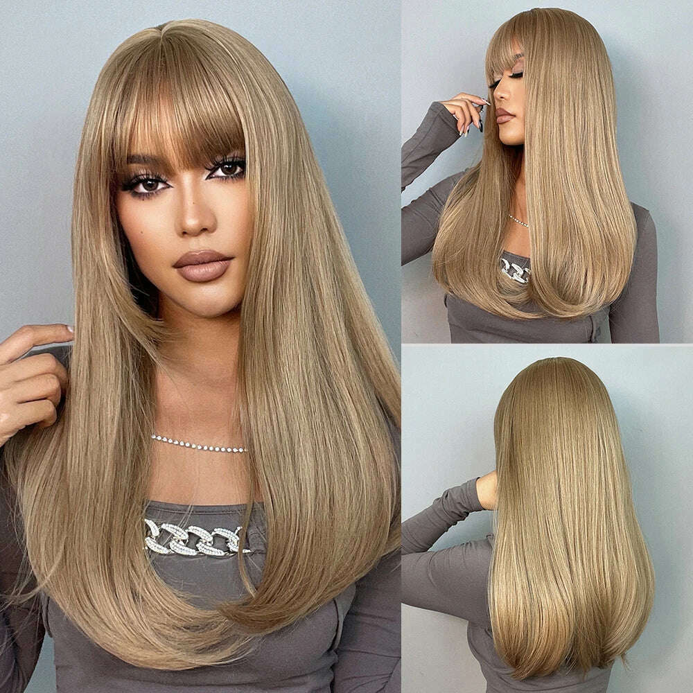 EASIHAIR Long Silver with Blonde Highlight Synthetic Wigs for Women Straight with Bangs Natural Wigs Cosplay Hair Heat Resistant