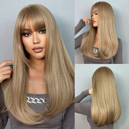 EASIHAIR Long Silver with Blonde Highlight Synthetic Wigs for Women Straight with Bangs Natural Wigs Cosplay Hair Heat Resistant