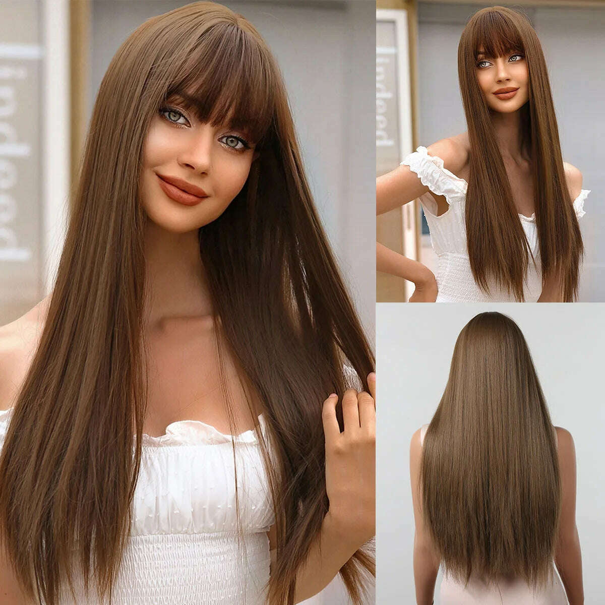 EASIHAIR Long Silver with Blonde Highlight Synthetic Wigs for Women Straight with Bangs Natural Wigs Cosplay Hair Heat Resistant