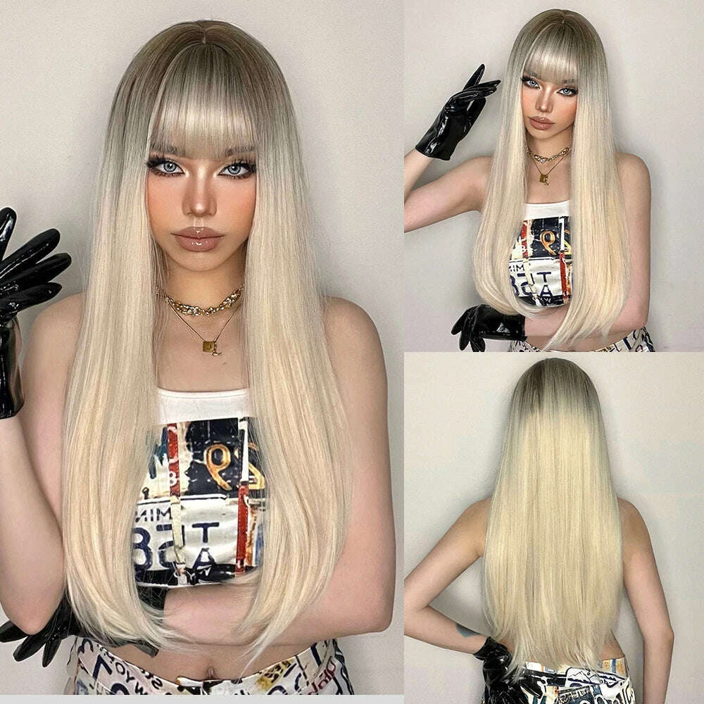 EASIHAIR Long Silver with Blonde Highlight Synthetic Wigs for Women Straight with Bangs Natural Wigs Cosplay Hair Heat Resistant