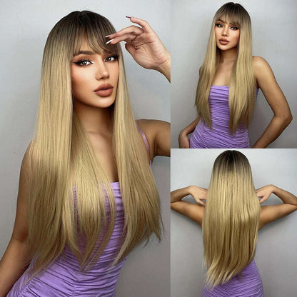 EASIHAIR Long Silver with Blonde Highlight Synthetic Wigs for Women Straight with Bangs Natural Wigs Cosplay Hair Heat Resistant