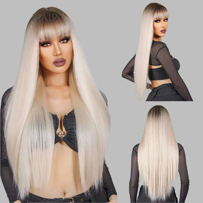 EASIHAIR Long Silver with Blonde Highlight Synthetic Wigs for Women Straight with Bangs Natural Wigs Cosplay Hair Heat Resistant