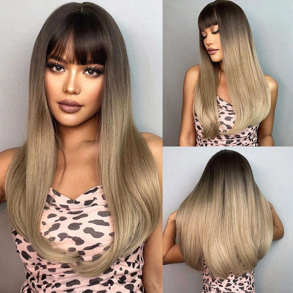 EASIHAIR Long Silver with Blonde Highlight Synthetic Wigs for Women Straight with Bangs Natural Wigs Cosplay Hair Heat Resistant