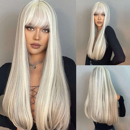 EASIHAIR Long Silver with Blonde Highlight Synthetic Wigs for Women Straight with Bangs Natural Wigs Cosplay Hair Heat Resistant