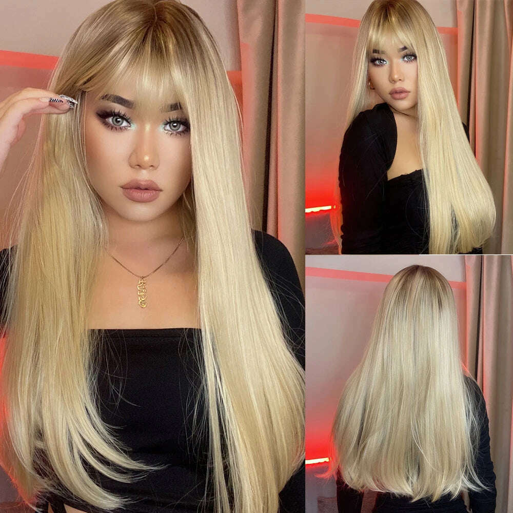 EASIHAIR Long Silver with Blonde Highlight Synthetic Wigs for Women Straight with Bangs Natural Wigs Cosplay Hair Heat Resistant