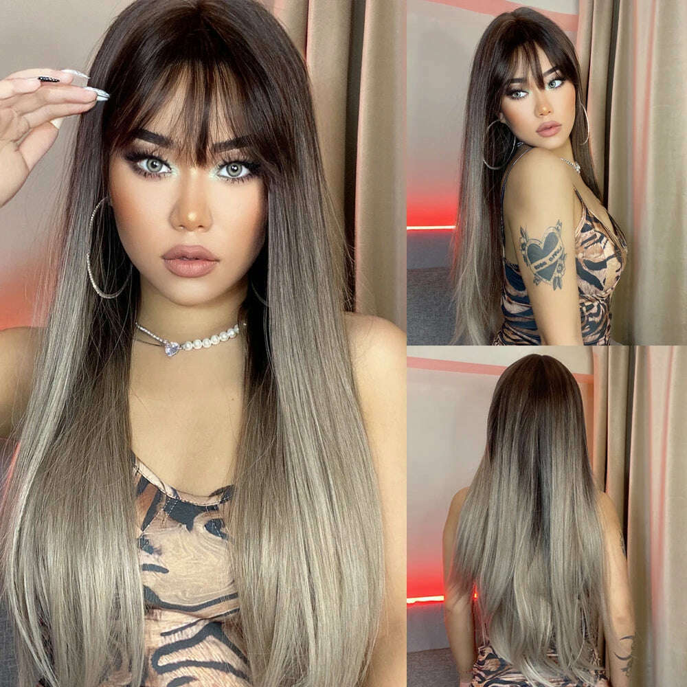 EASIHAIR Long Silver with Blonde Highlight Synthetic Wigs for Women Straight with Bangs Natural Wigs Cosplay Hair Heat Resistant