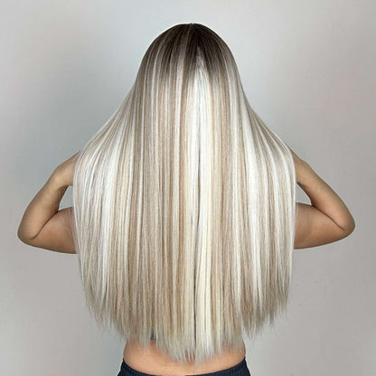 EASIHAIR Long Silver with Blonde Highlight Synthetic Wigs for Women Straight with Bangs Natural Wigs Cosplay Hair Heat Resistant