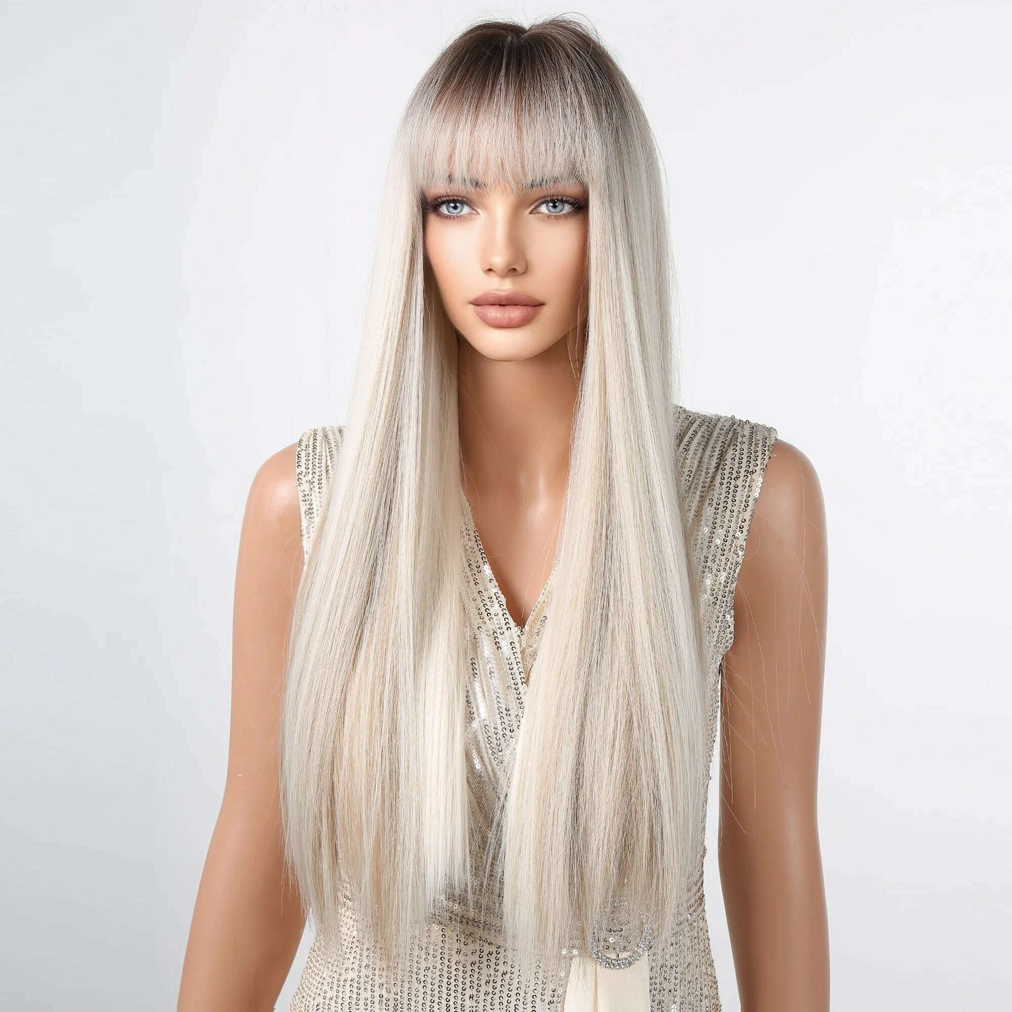 EASIHAIR Long Silver with Blonde Highlight Synthetic Wigs for Women Straight with Bangs Natural Wigs Cosplay Hair Heat Resistant