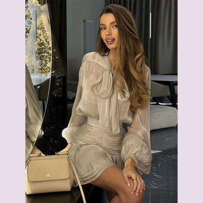 Elegant Bow Lace Up Top Skirts Set For Women O-neck Long Lantern Sleeve Blouses High Waist Pleated Skirt 2025 New Lady Outfits