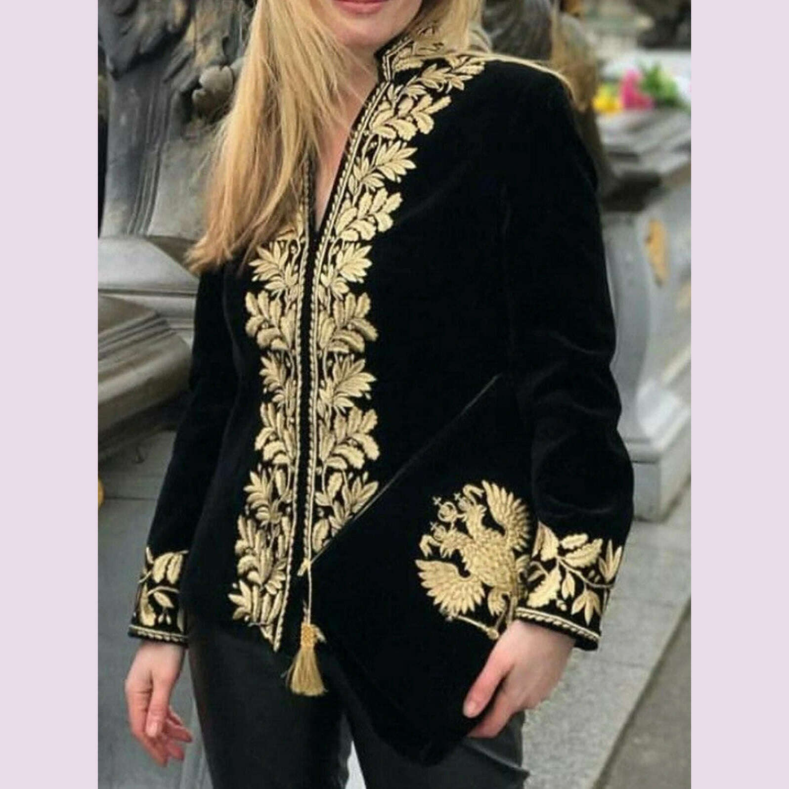 Elegant Chic Women Tops Floral Stand Collar Deep V Neck Shirts & Blouses Long Sleeve Design Vintage Velvet Blouse