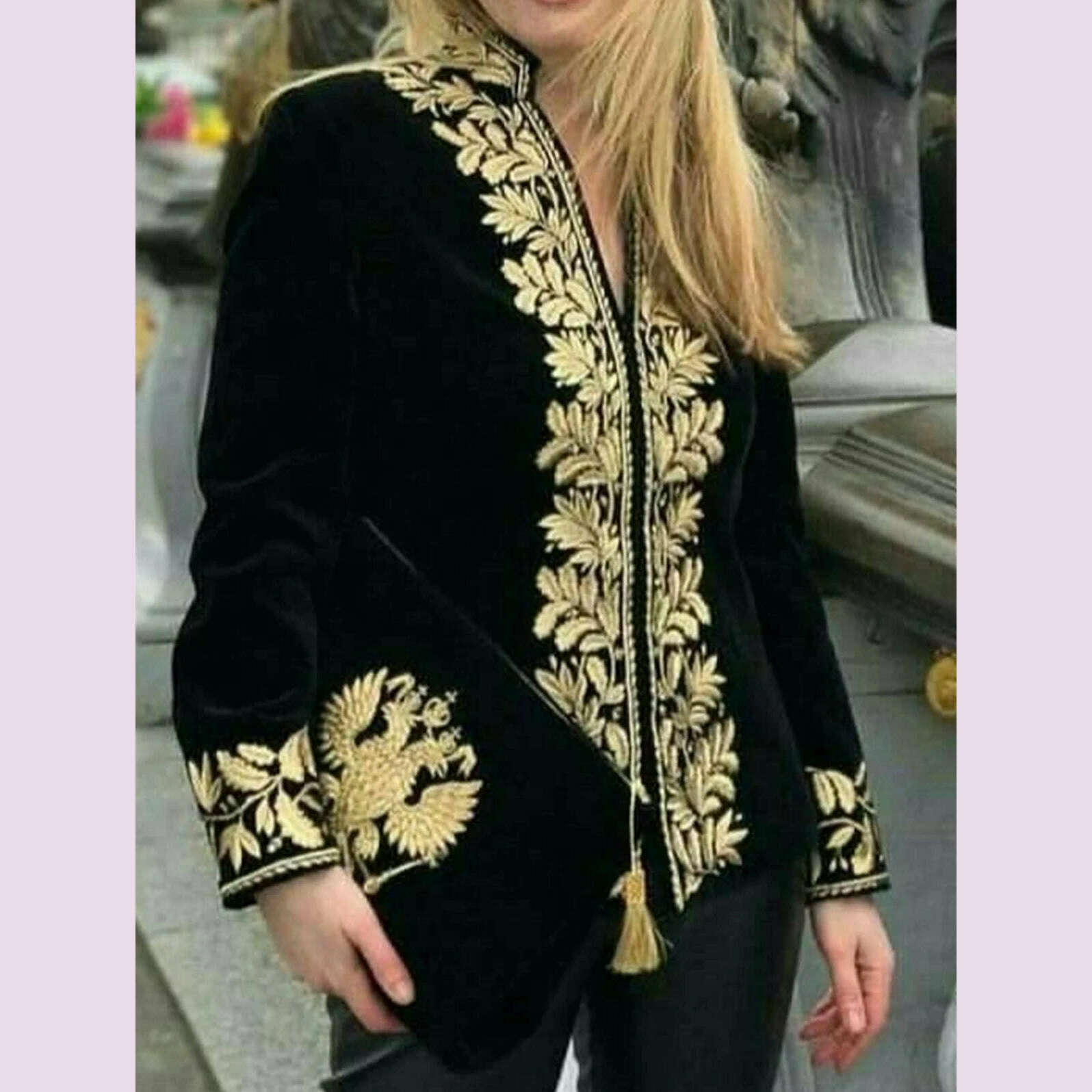 Elegant Chic Women Tops Floral Stand Collar Deep V Neck Shirts & Blouses Long Sleeve Design Vintage Velvet Blouse