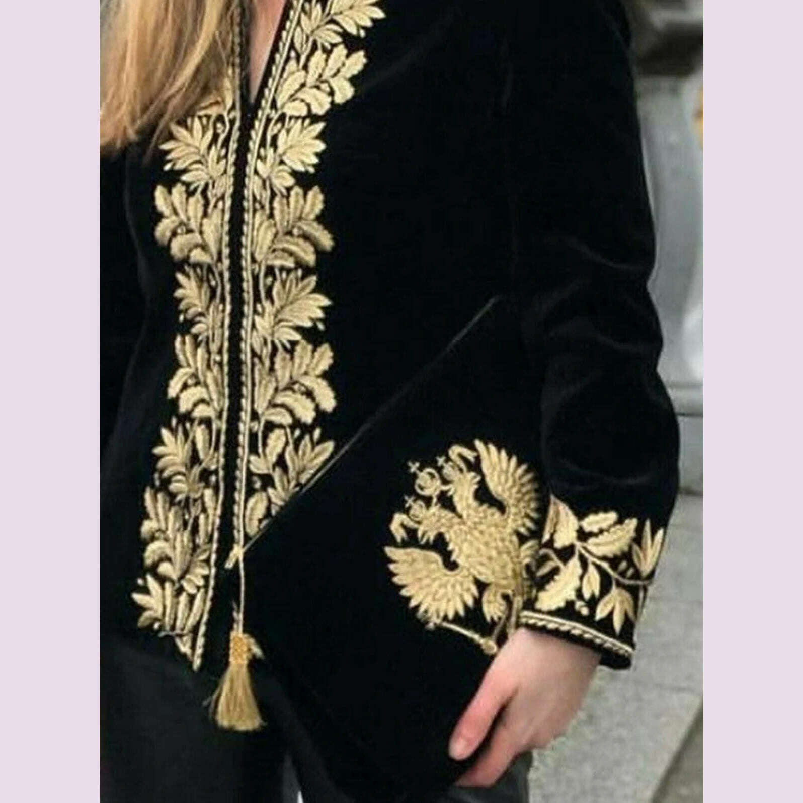 Elegant Chic Women Tops Floral Stand Collar Deep V Neck Shirts & Blouses Long Sleeve Design Vintage Velvet Blouse