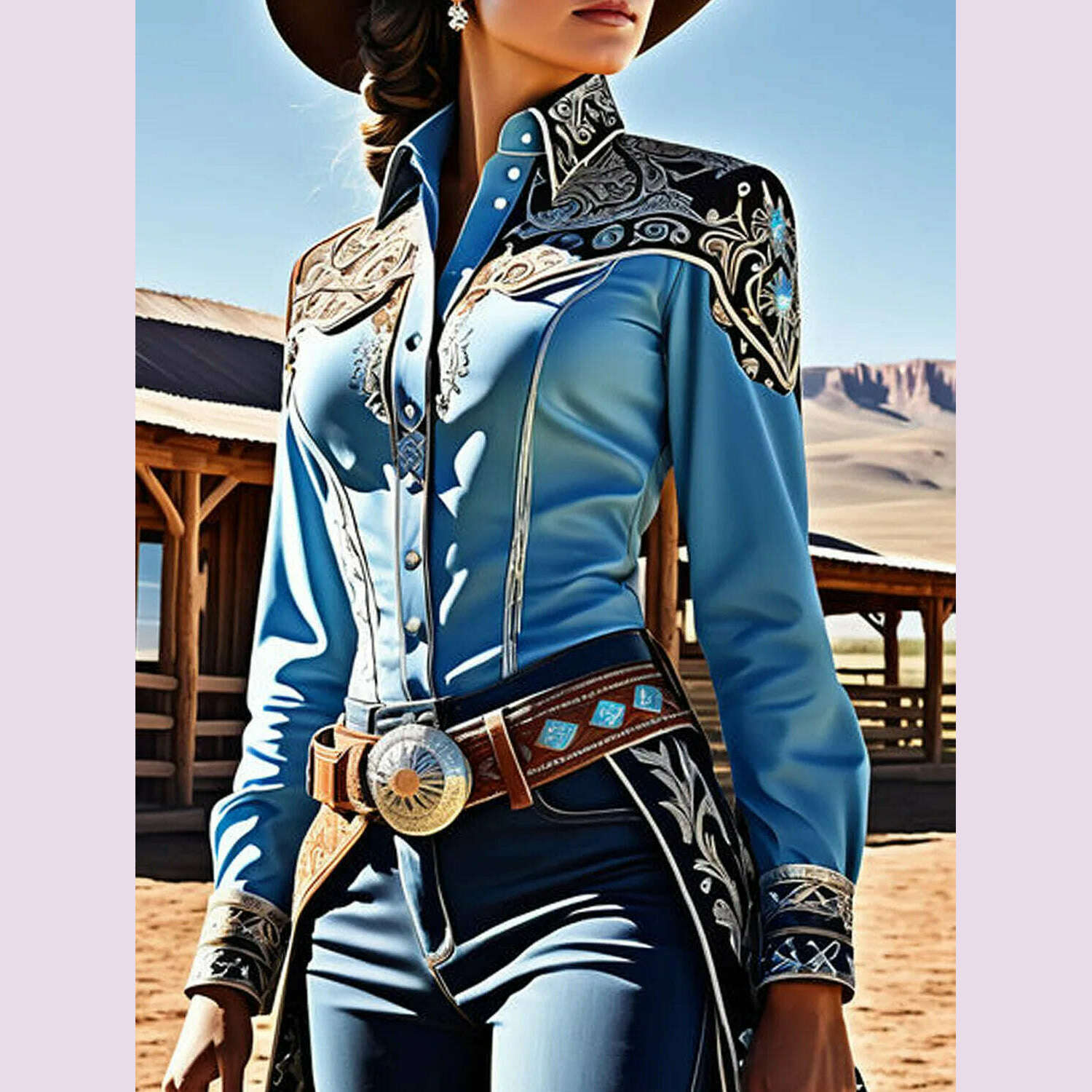 Elegant Chic Women Tops Western Print Button Turndown Collar Slim Waist Shirt Patchwork Long Sleeve Design Vintage Blouse