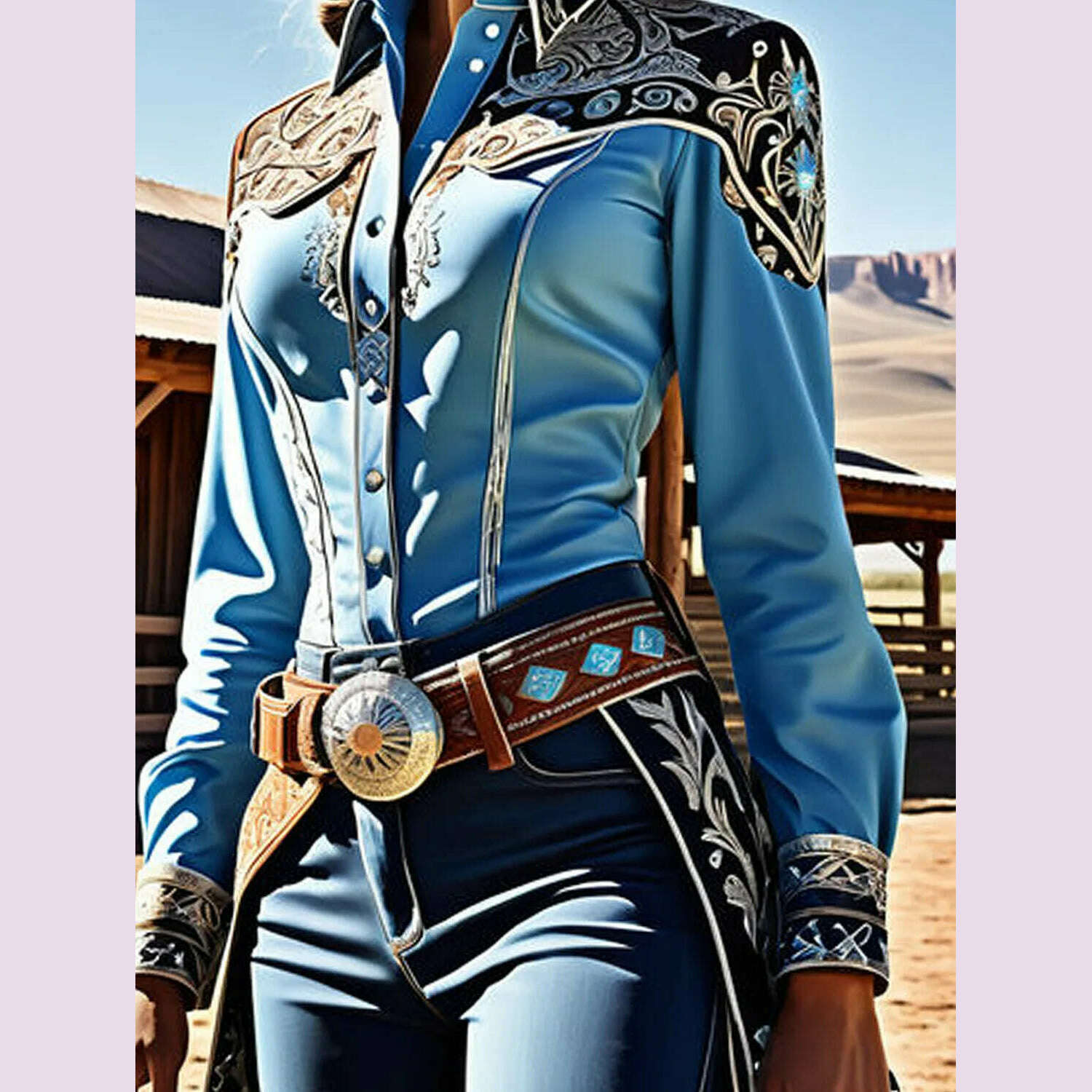 Elegant Chic Women Tops Western Print Button Turndown Collar Slim Waist Shirt Patchwork Long Sleeve Design Vintage Blouse
