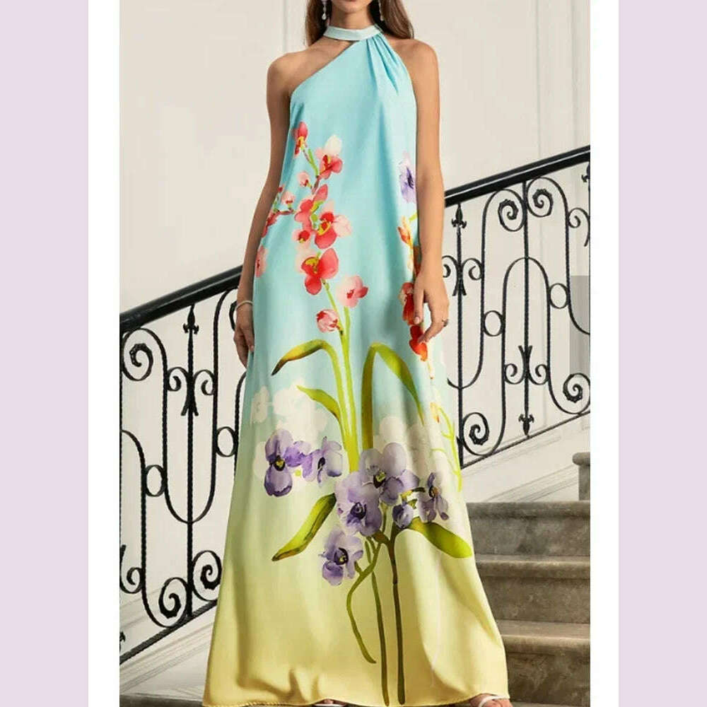 Elegant Fashion Floral Dress Spaghetti Strap Sweet Halter Camis Dress Fashion Chic Loose Maxi Dress Casual Boho Vintage Dresses