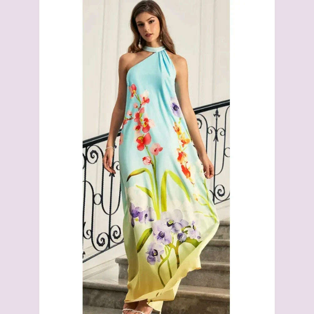 Elegant Fashion Floral Dress Spaghetti Strap Sweet Halter Camis Dress Fashion Chic Loose Maxi Dress Casual Boho Vintage Dresses