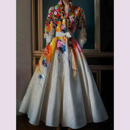 Elegant Floral Printing Maxi Dresses Multicolor Turndown Collar Long Sleeve A-Line Dress Party Wedding Evening Dress 2025