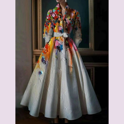 Elegant Floral Printing Maxi Dresses Multicolor Turndown Collar Long Sleeve A-Line Dress Party Wedding Evening Dress 2025