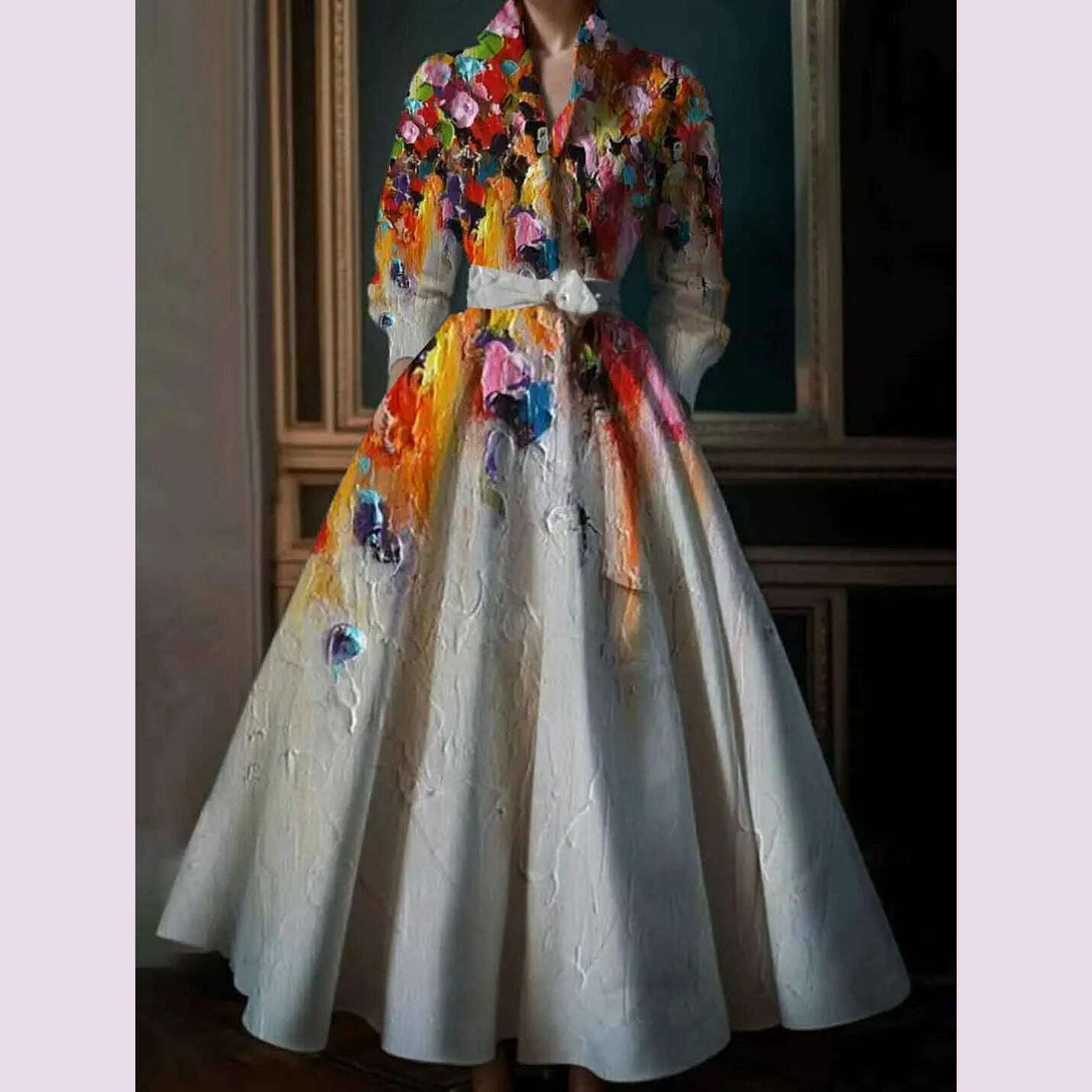 Elegant Floral Printing Maxi Dresses Multicolor Turndown Collar Long  Sleeve Cotton Long Dress Party Wedding Evening Dress
