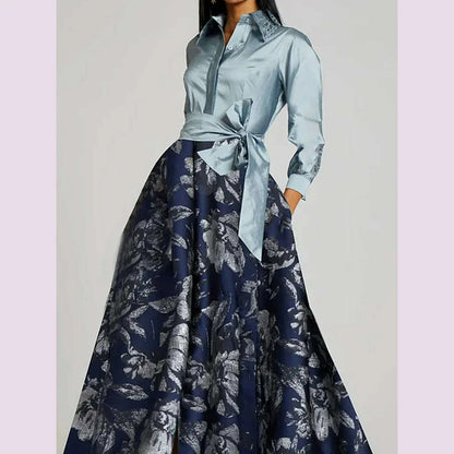 Elegant Floral Printing Maxi Dresses Patchwork Turndown Collar Long Sleeve Bowknot Pocket Long Dress Party Wedding Evening Dress