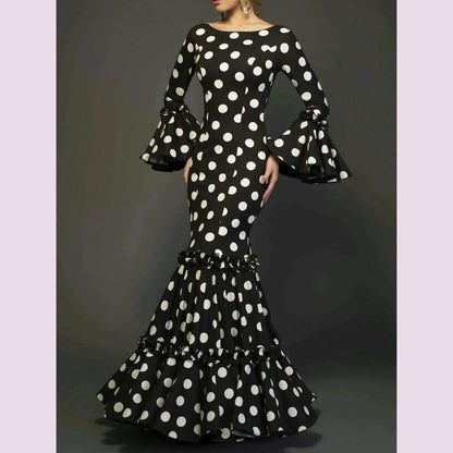 Elegant Ladies Dress Fashionable Trumpet Sleeves Polka Dot Decoration Cascading Ruffle Hem Sexy Fishtail Ladies Evening Dress