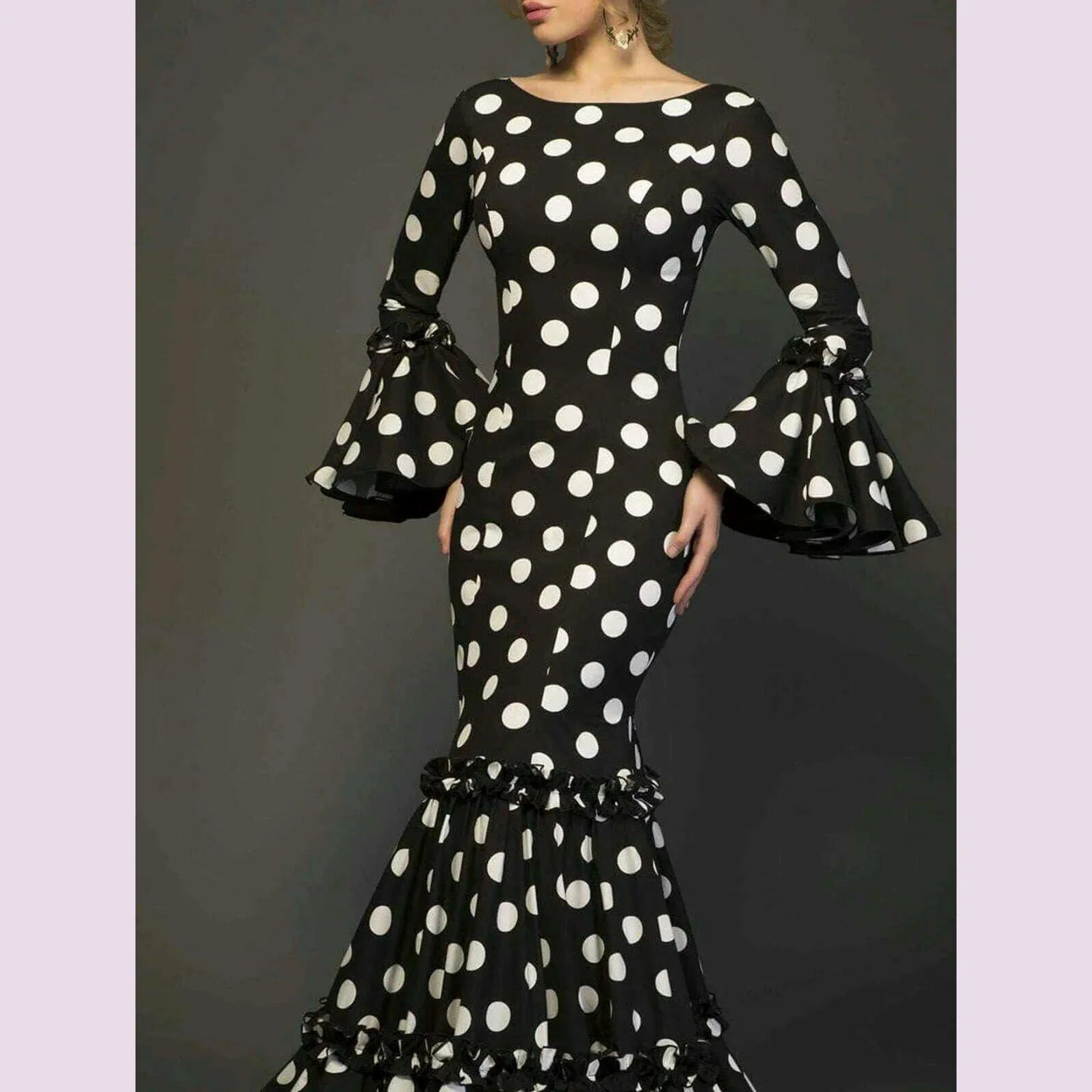 Elegant Ladies Dress Fashionable Trumpet Sleeves Polka Dot Decoration Cascading Ruffle Hem Sexy Fishtail Ladies Evening Dress