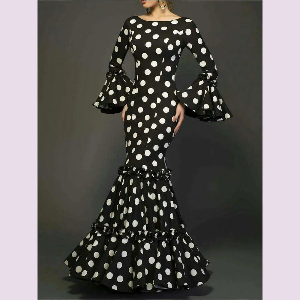 Elegant Ladies Dress Fashionable Trumpet Sleeves Polka Dot Decoration Cascading Ruffle Hem Sexy Fishtail Ladies Evening Dress