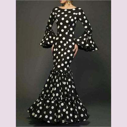Elegant Ladies Dress Fashionable Trumpet Sleeves Polka Dot Decoration Cascading Ruffle Hem Sexy Fishtail Ladies Evening Dress