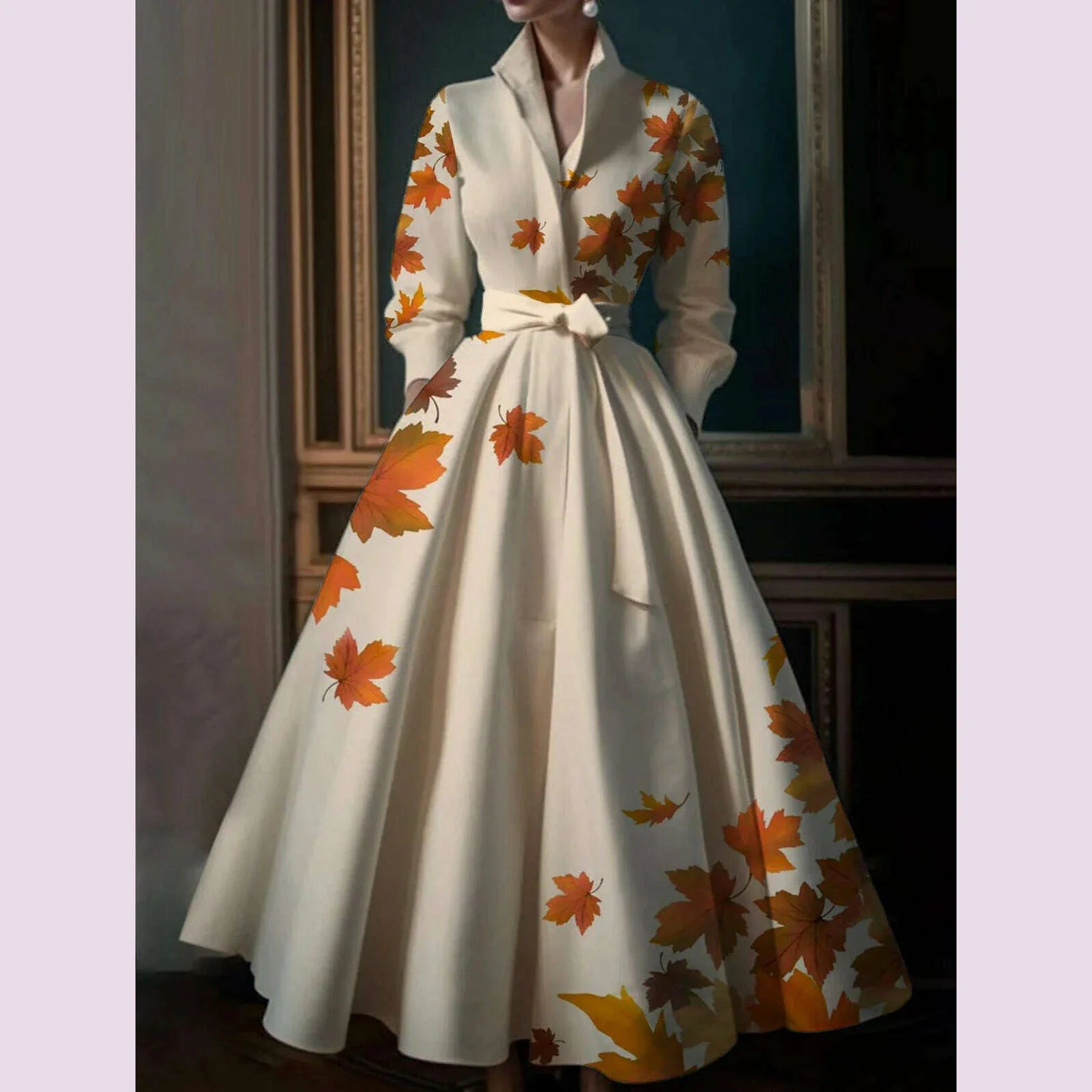 Elegant Leaf Pattern Maxi Dresses Multicolor Stand Collar Long  Sleeve Cotton Long Dress Party Wedding Evening Dress 2024