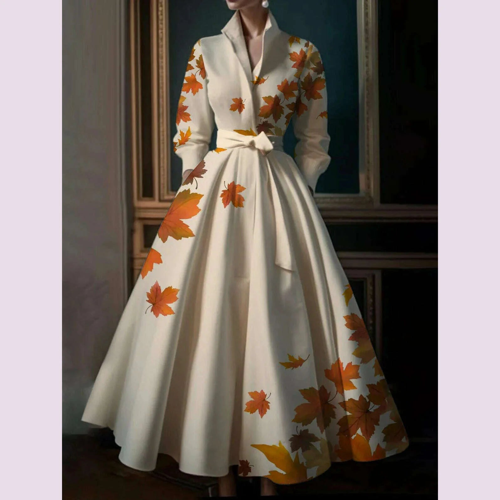 Elegant Leaf Pattern Maxi Dresses Multicolor Stand Collar Long  Sleeve Cotton Long Dress Party Wedding Evening Dress 2024