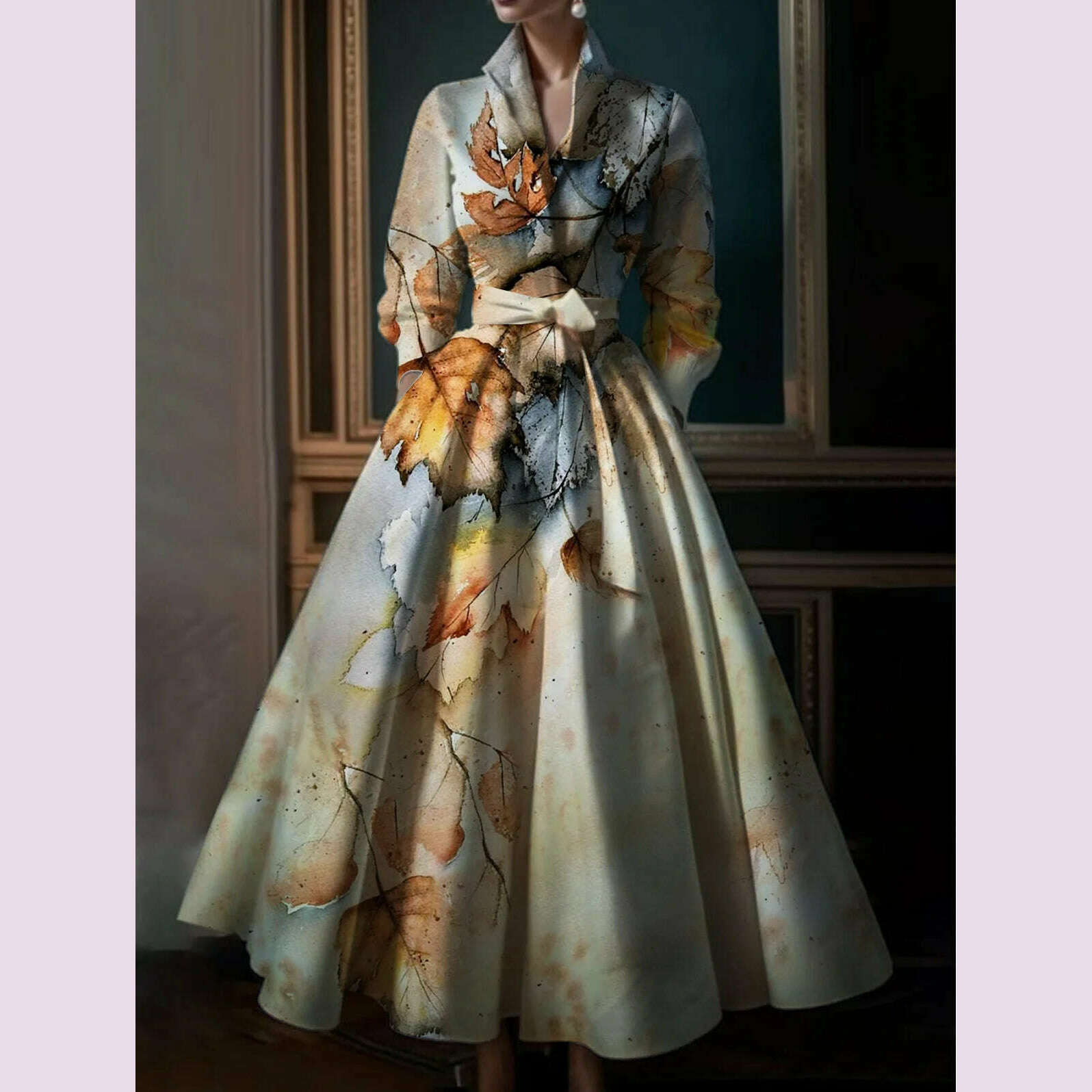 Elegant Leaf Pattern Maxi Dresses Multicolor Stand Collar Long Sleeve Long Dress Party Wedding Evening A-Line Dress Vestido